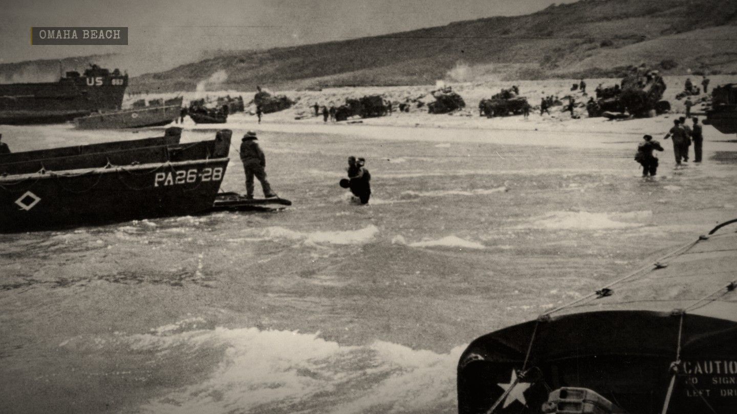 A public-domain photograph of Omaha Beach in Folren's Archive Documentary style