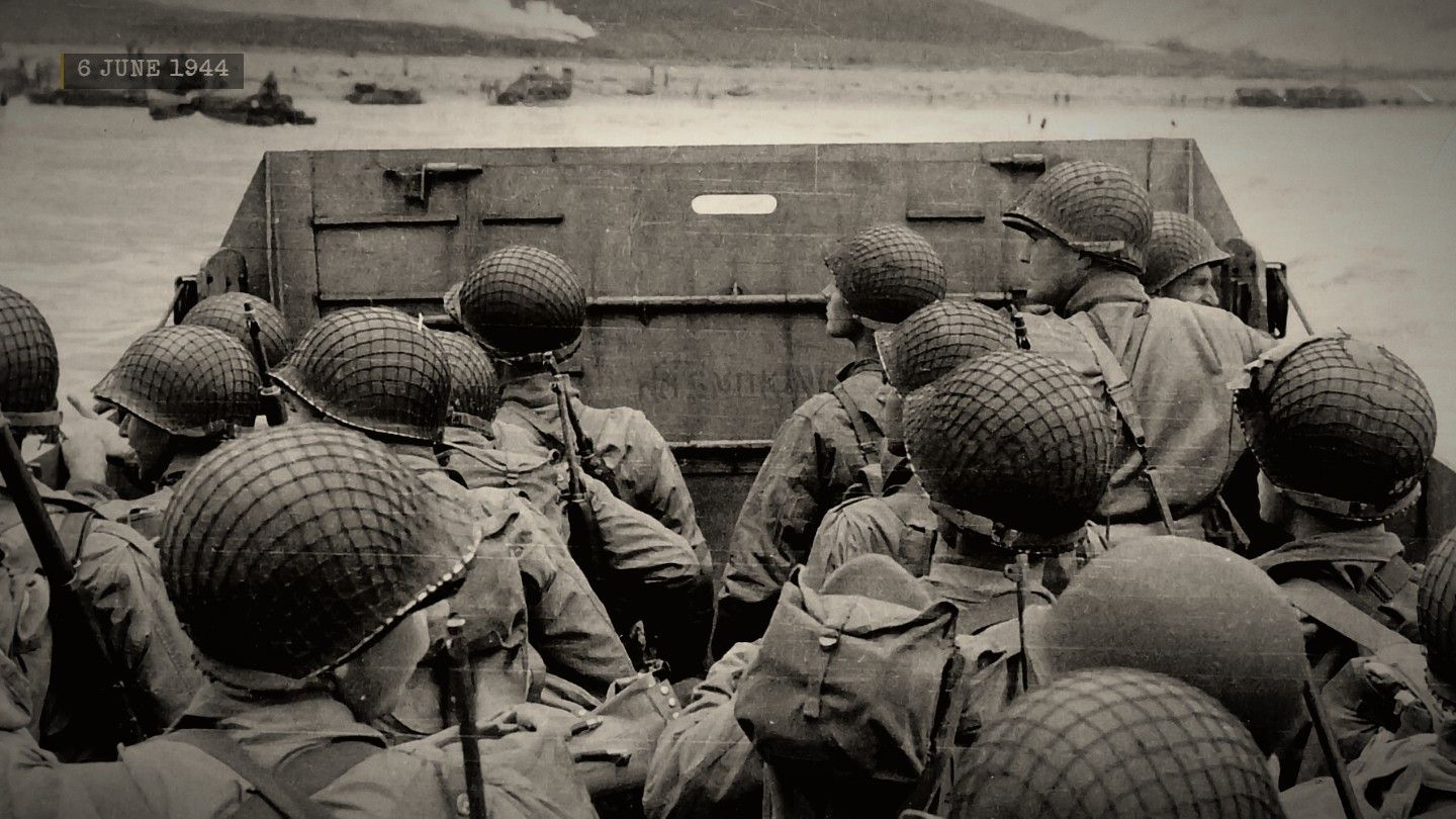Shot 1: soldiers in a landing craft approaching Omaha Beach, in the Archive Documentary style