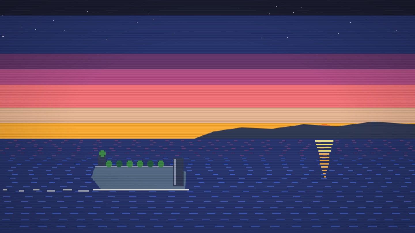 An illustrated pixel-art landing craft at dawn